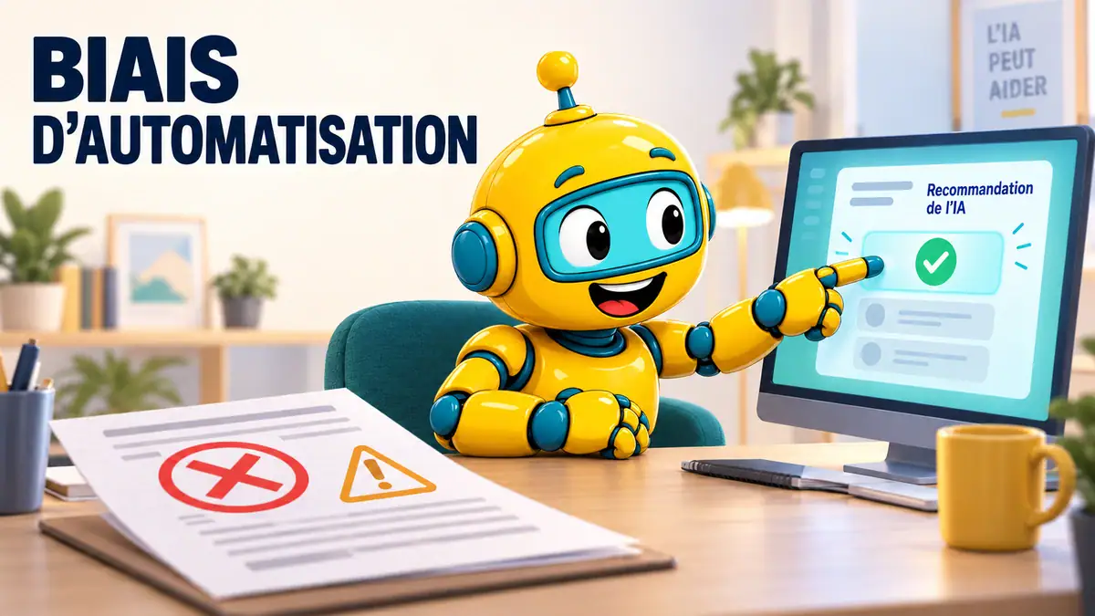 Robot jaune expliquant une recommandation sur un écran d'ordinateur.