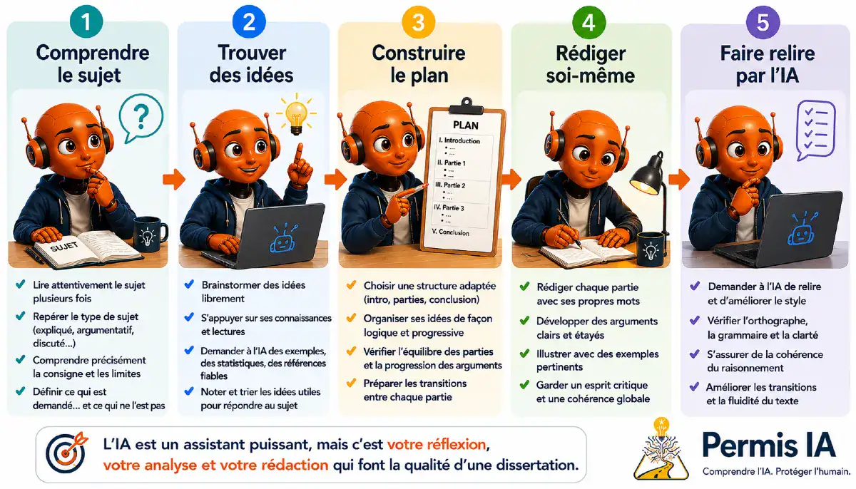 Les 5 étapes pour la rédaction d'une dissertation avec l'IA présenté par le robot mascotte du Permis-IA Elèves