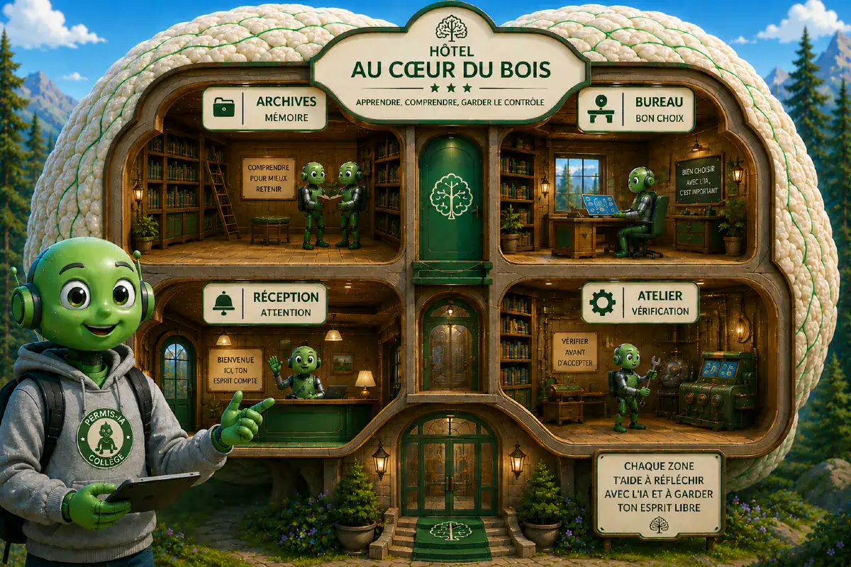 Illustration du Permis-IA Collège représentant l’Hôtel Au Cœur du Bois avec les zones attention, mémoire, vérification et bon choix