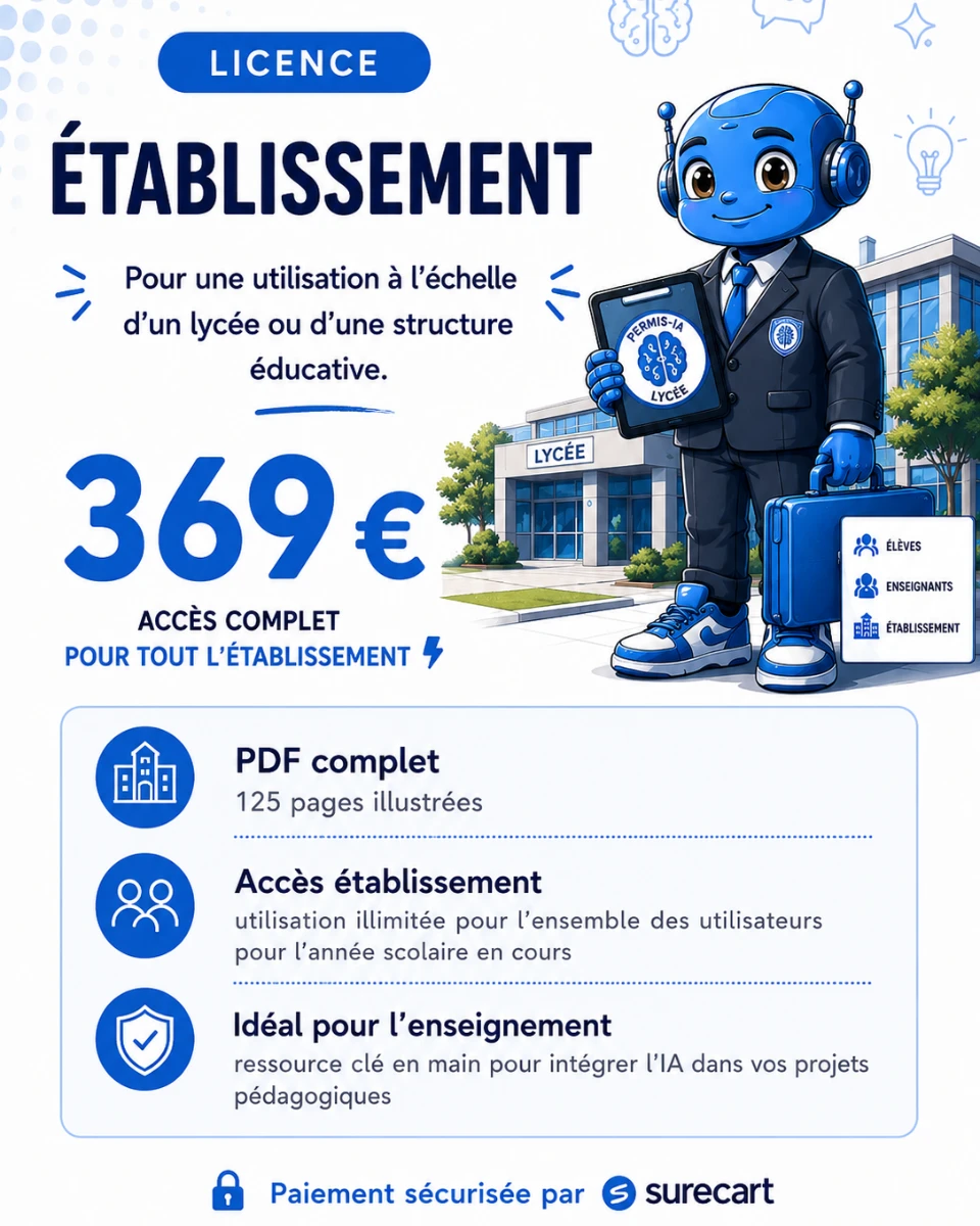 Robot éducatif avec badge "Licence Établissement pour le Permis-IA" devant un lycée, illustration pédagogique.