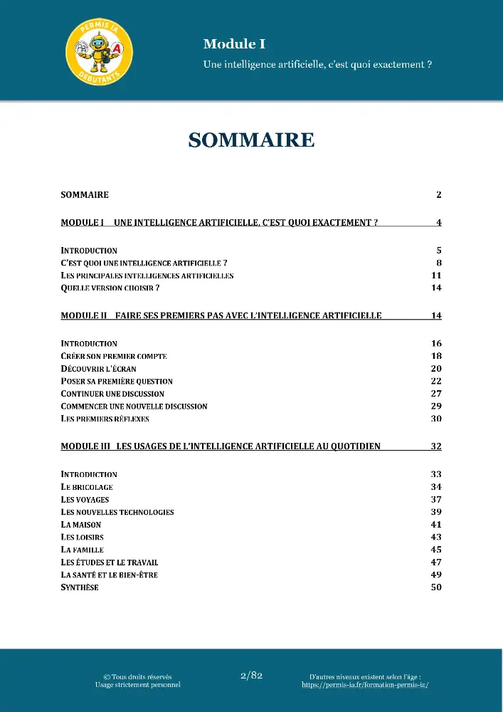Page de sommaire du module sur l'intelligence artificielle pour débutants.