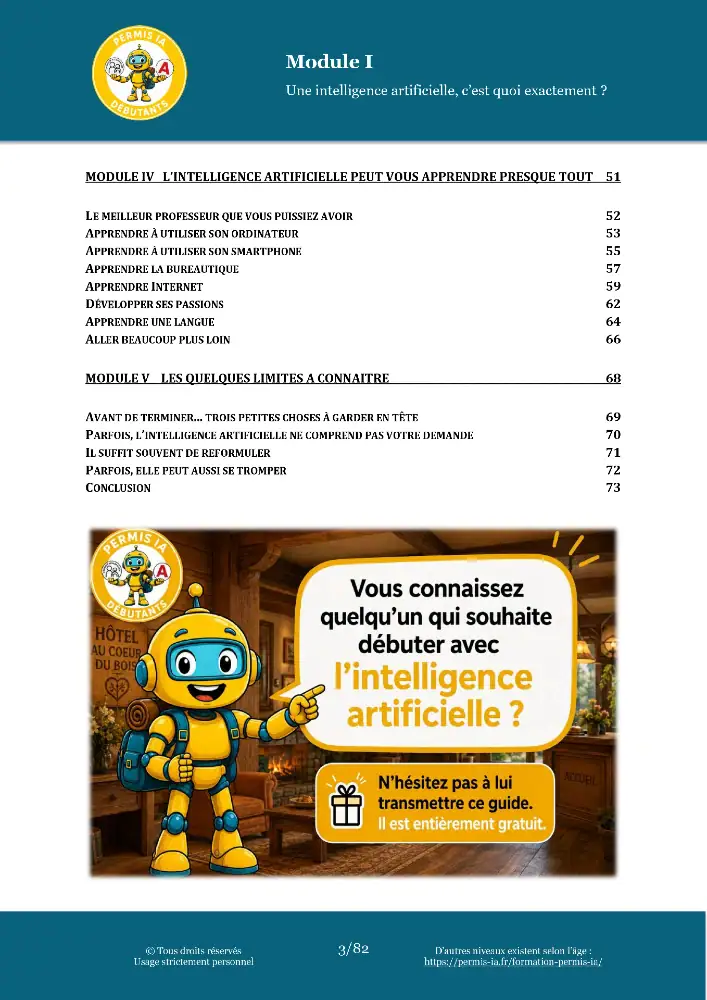 Page de sommaire de la formation Permis-IA Débutants : Comment utiliser une IA ?