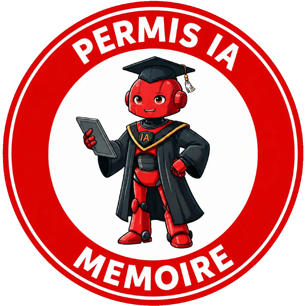 Permis IA et mémoire, robot éducatif avec chapeau de diplômé et tablette.
