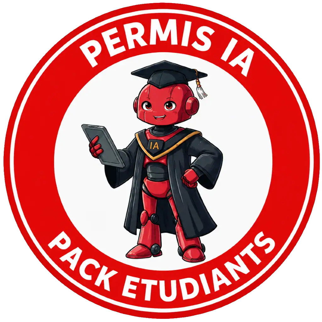 Permis IA Pack étudiants, robot en costume de diplômé avec smartphone, symbole de formation en intelligence artificielle