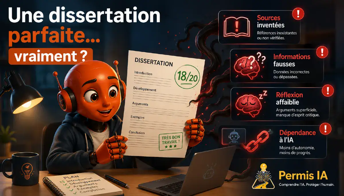 Présentation par la mascotte Permis-IA Elèves des risques pour les élèves de rédiger une dissertation avec l'IA