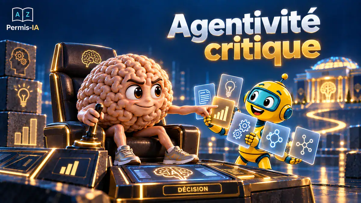 Personnage cerveau et robot discutant dans un décor numérique futuriste.