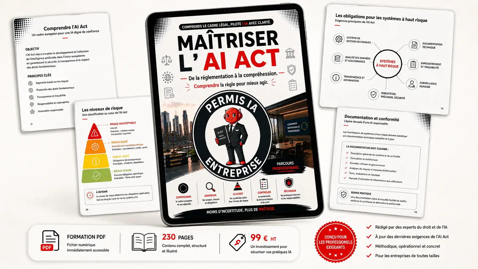 Mockup présentant l'interface et les supports du parcours AI Act