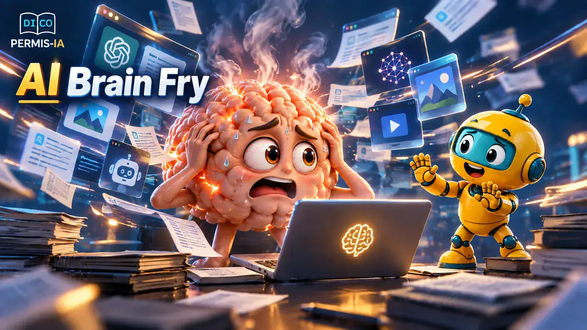 Cerveau anthropomorphe stressé face à un ordinateur et un robot amical.
