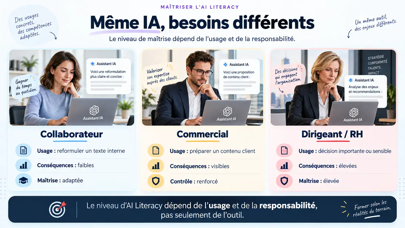 Infographie montrant que les compétences AI Literacy varient selon l’usage de l’IA et la responsabilité professionnelle