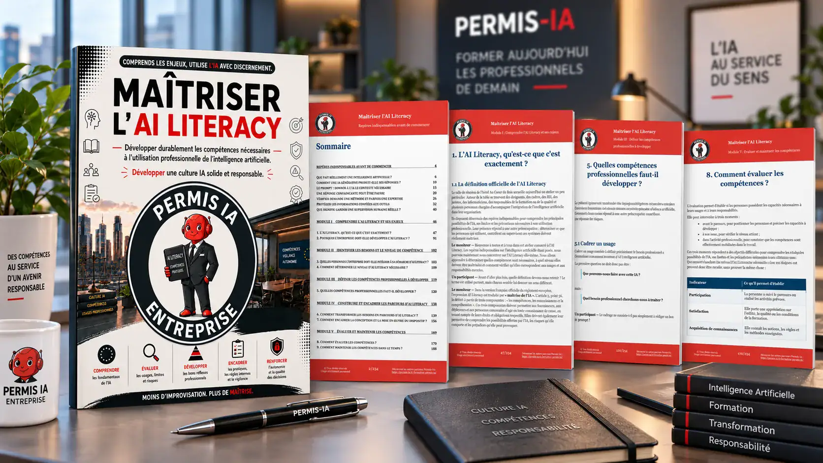 Mockup présentant la couverture officielle et quatre pages intérieures réelles de la formation Maîtriser l’AI Literacy