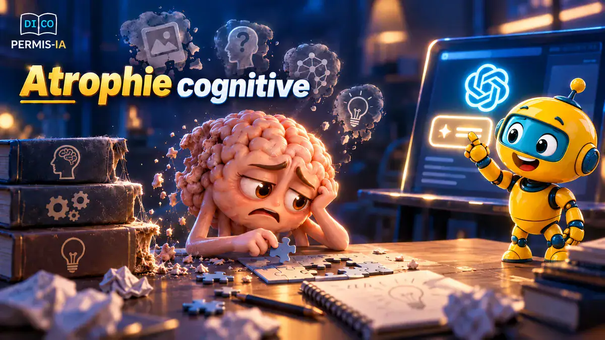 Personnage robotique et cerveau humain en difficulté face à des écrans et des livres.