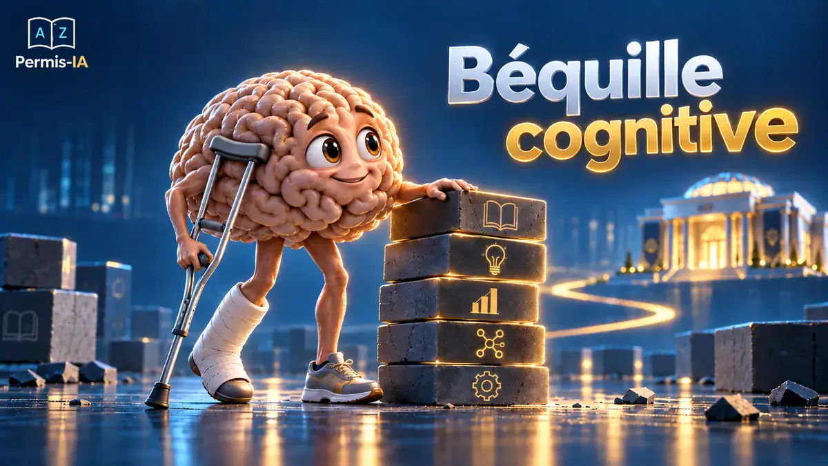 Cerveau anthropomorphe avec une jambe en plâtre, utilisant une canne, à côté de blocs de pierre.