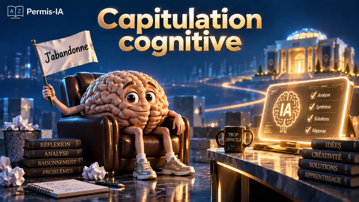 Illustration d'un cerveau anthropomorphe assis sur un fauteuil avec un panneau 'J'abandonne'.