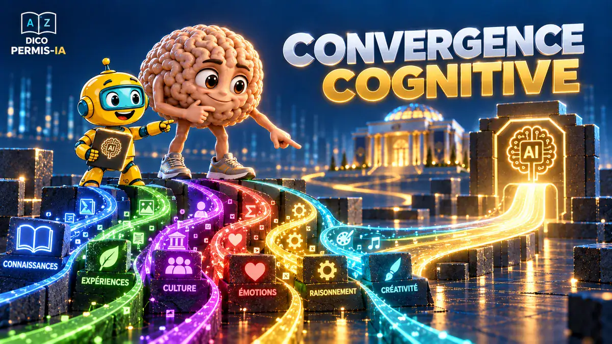 Illustration de deux personnages, un robot et un cerveau, sur un chemin coloré de connaissances.