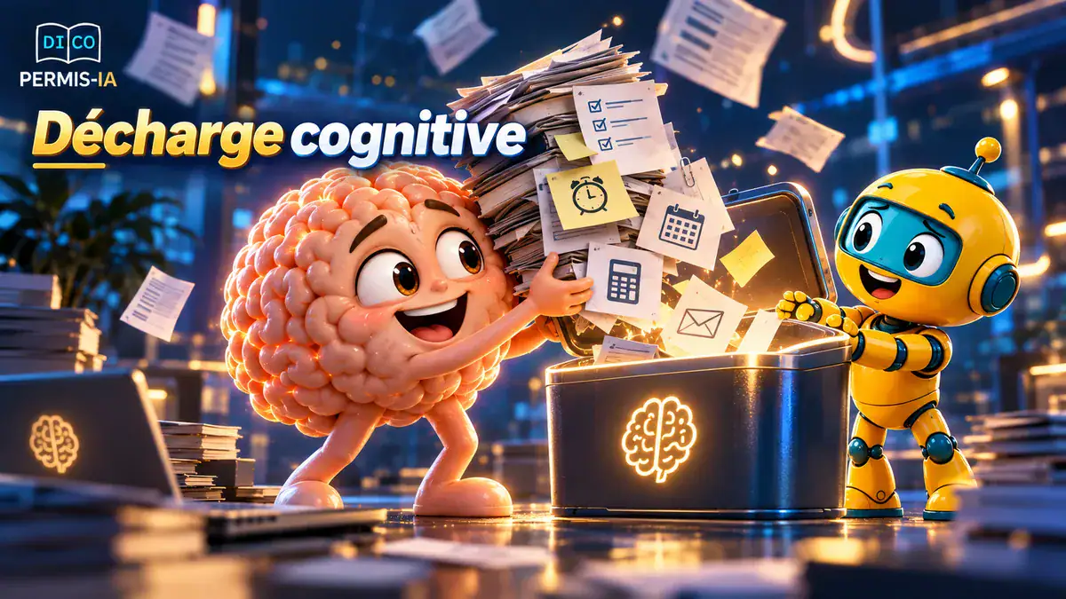 Robot et cerveau cartoon dans un environnement numérique avec des papiers volants.