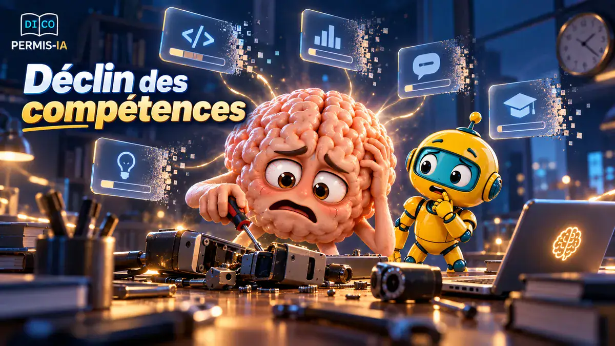Cerveau anthropomorphe inquiet avec robot dans un environnement technologique.