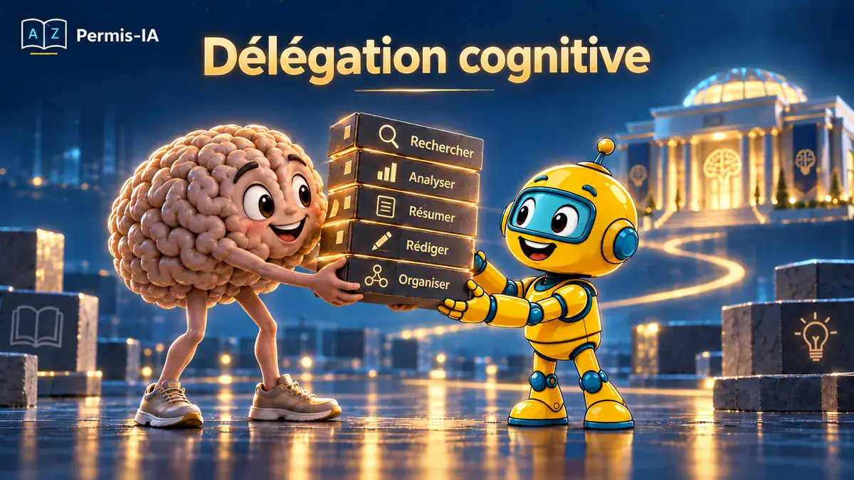 Personnage cerveau et robot échangeant un panneau dans un décor urbain.