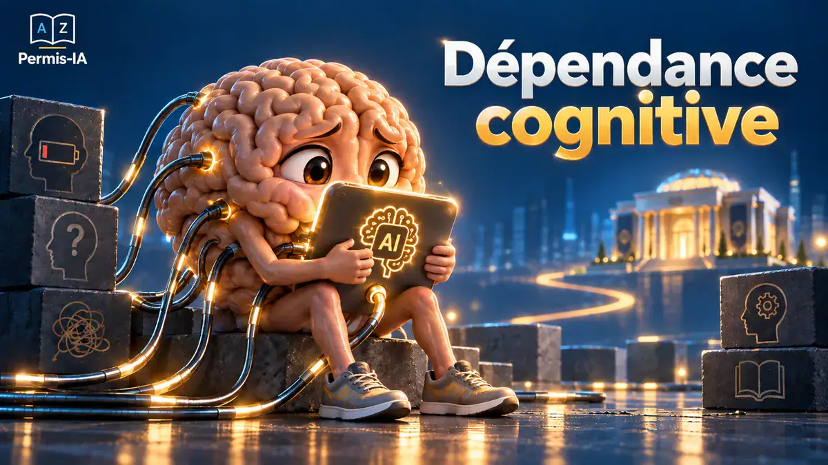 Illustration d'un cerveau anthropomorphe utilisant un smartphone avec des câbles connectés.