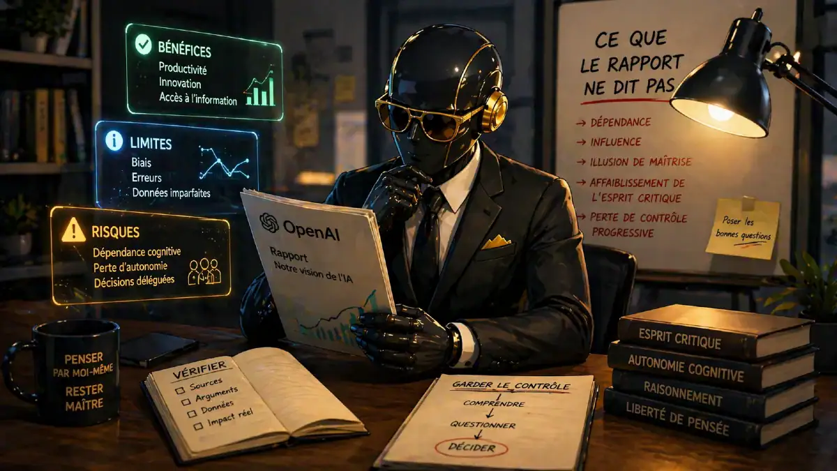 Le robot du Permis-IA Adulte qui regarde un rapport d'Open AI sur la dépendance à l'IA