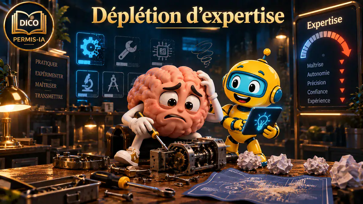 Représentation d'un cerveau et d'un robot en atelier de réparation.