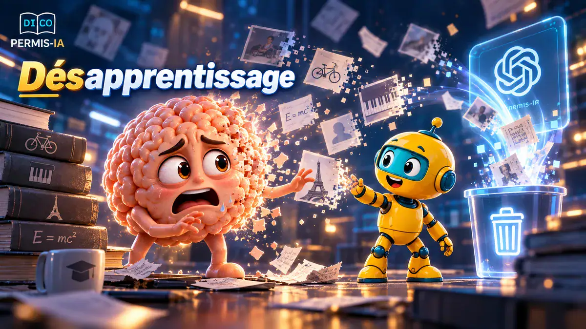 Personnage cérébral effrayé face à un robot dans un environnement numérique.