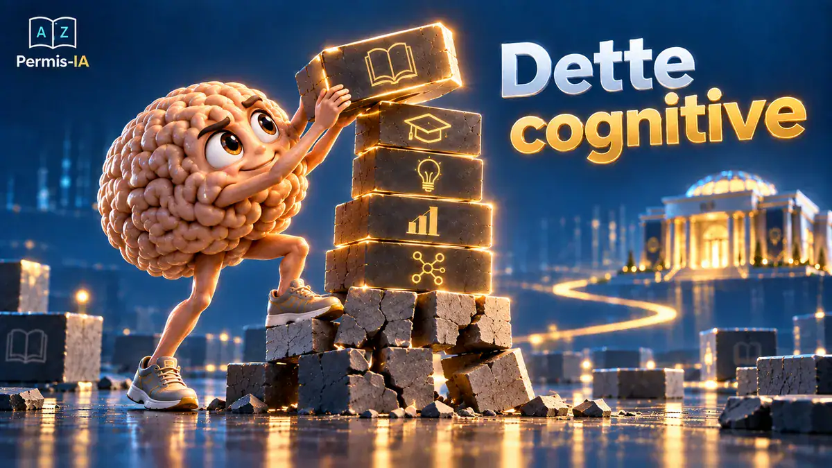 Illustration d'un cerveau anthropomorphe construisant une tour de blocs lumineux.