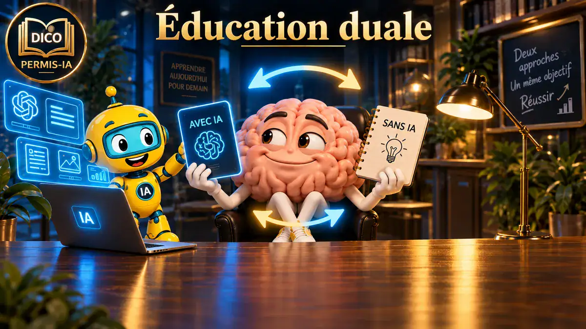 Robot et cerveau humain discutant de l'IA et de l'éducation duale.