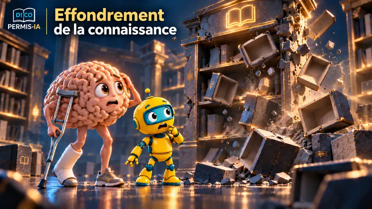 Animation de deux personnages face à un mur de livres et d'ordinateurs en chute.