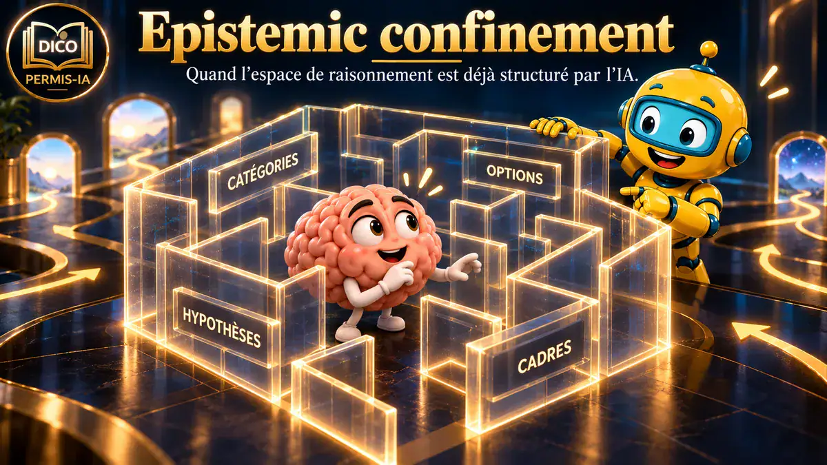 Robot et cerveau cartoon dans un labyrinthe lumineux sur fond noir.