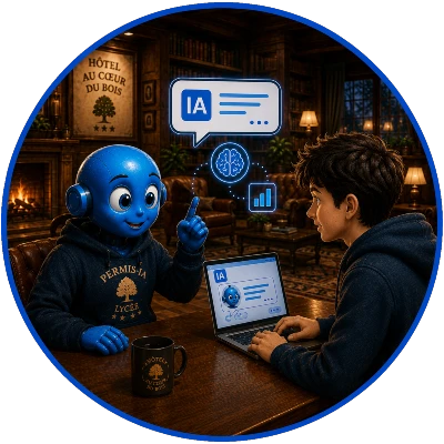 Icône Expériences IA en direct du Permis-IA Lycée avec un élève utilisant une intelligence artificielle sur ordinateur