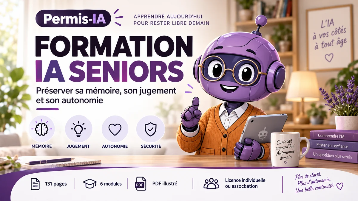 Formation IA Seniors : mémoire, jugement, autonomie et sécurité, présentée par la mascotte Permis-IA.