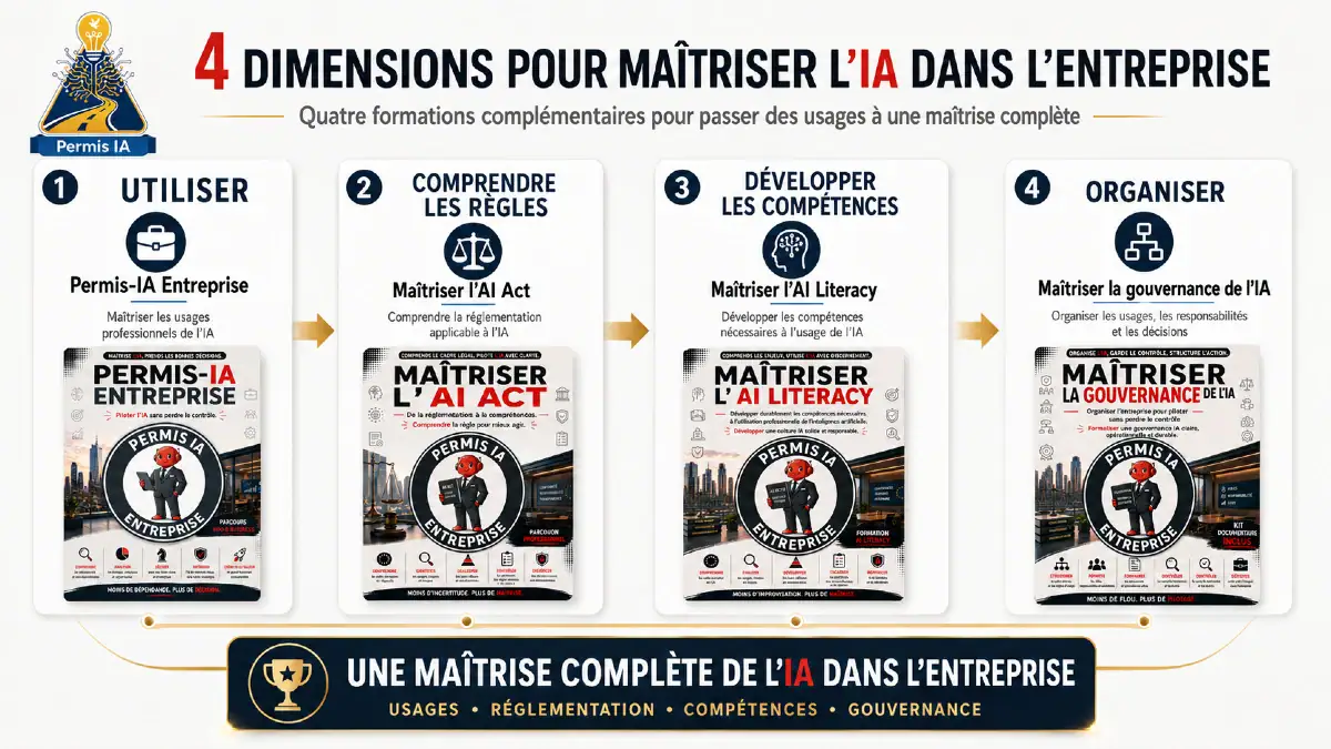 Les quatre dimensions des formations Permis-IA pour maîtriser l’IA en entreprise : usages, réglementation, compétences et gouvernance