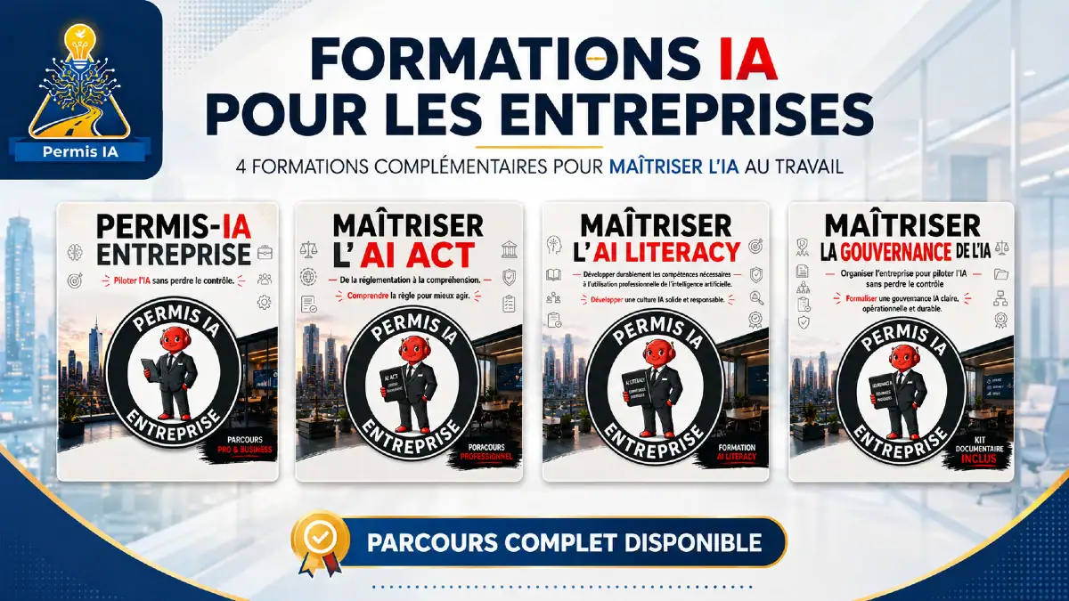 Visuel présentant les quatre formations IA Permis-IA pour les entreprises et le parcours complet