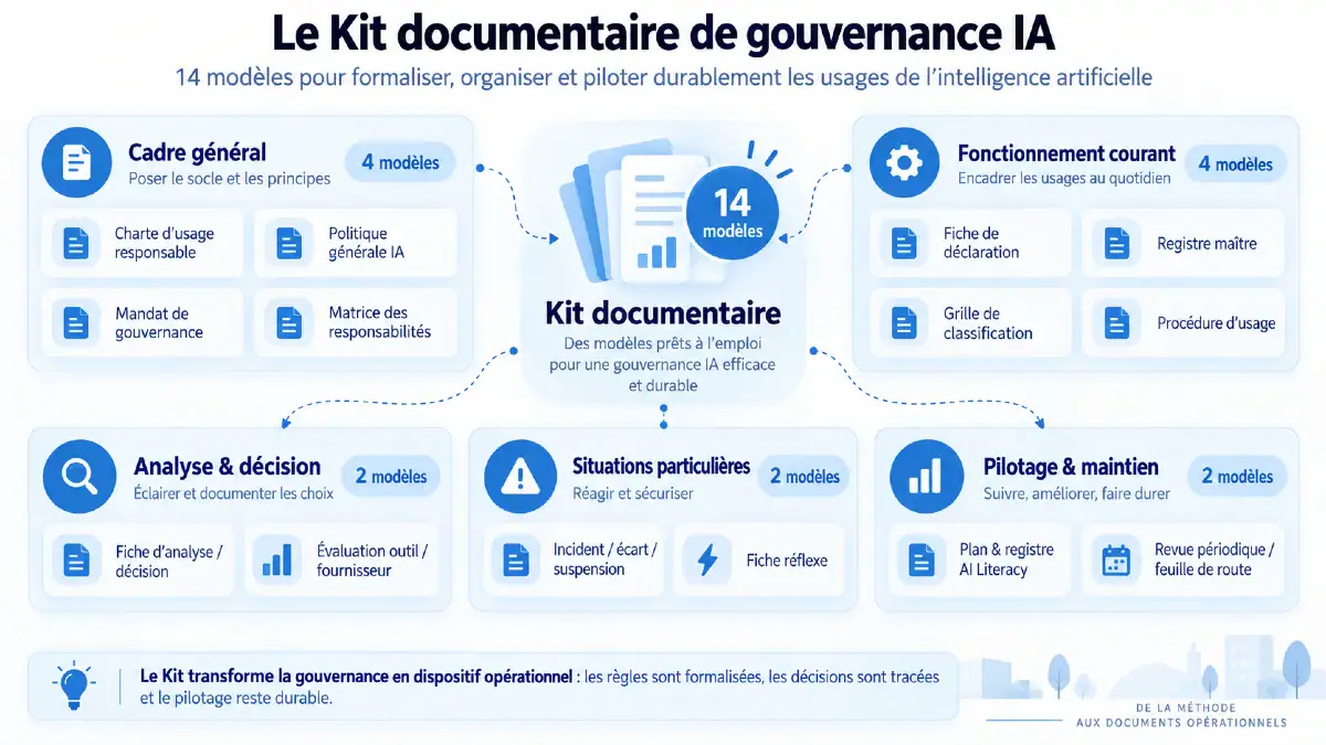 Infographie présentant les 14 modèles du Kit documentaire Permis-IA Entreprise regroupés selon les principales fonctions de la gouvernance de l’IA.