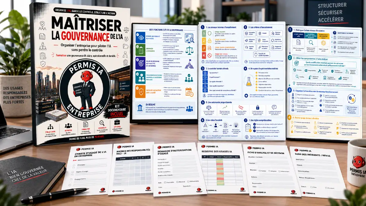 Mockup présentant la formation Maîtriser la gouvernance de l’IA, plusieurs pages intérieures et des documents du Kit documentaire inclus.