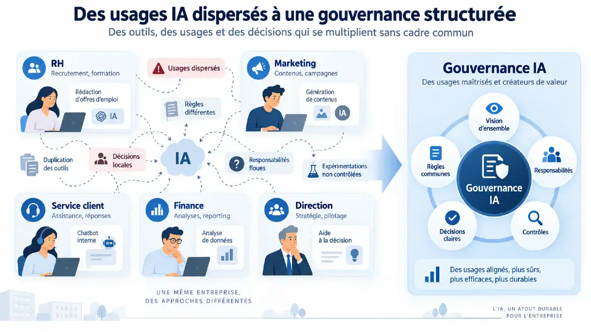 Infographie montrant plusieurs usages de l’intelligence artificielle dispersés dans une entreprise et la nécessité de les relier par une gouvernance commune.