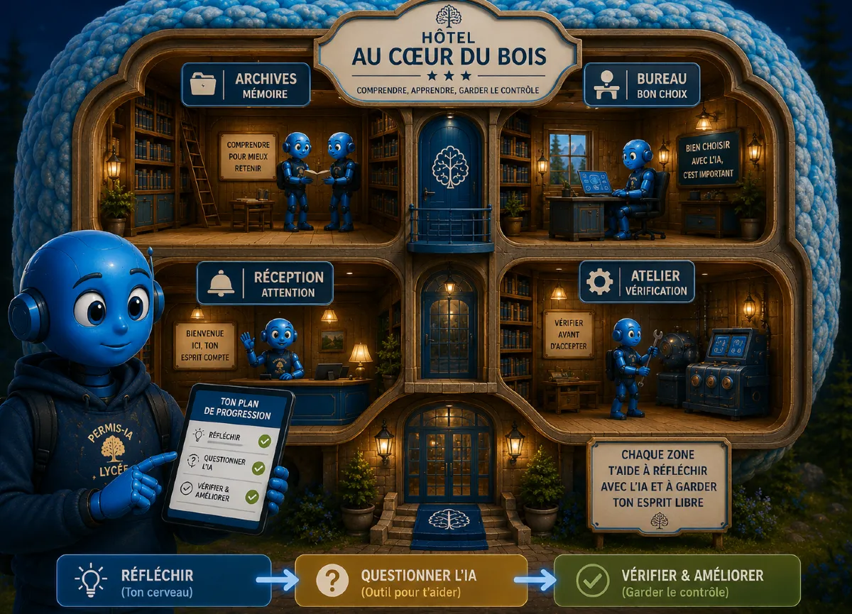 Illustration du Permis-IA Lycée représentant l’Hôtel Au Cœur du Bois avec les zones attention, mémoire, vérification et bon choix