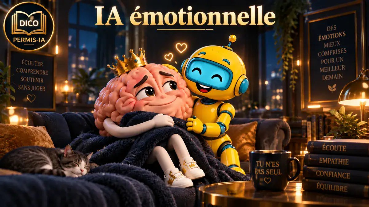 Robot et cerveau anthropomorphe dans un décor cosy et lumineux.