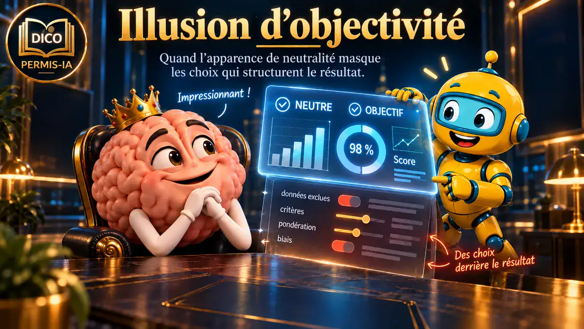 Robot et cerveau anthropomorphe devant un tableau de résultats d'évaluation.