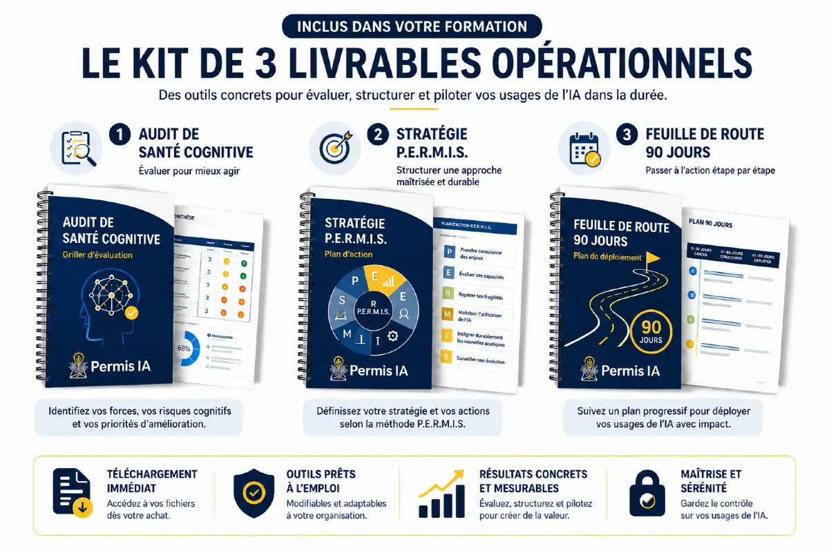 Kit de trois livrables Permis-IA Entreprise : audit de santé cognitive, stratégie P.E.R.M.I.S. et feuille de route 90 jours