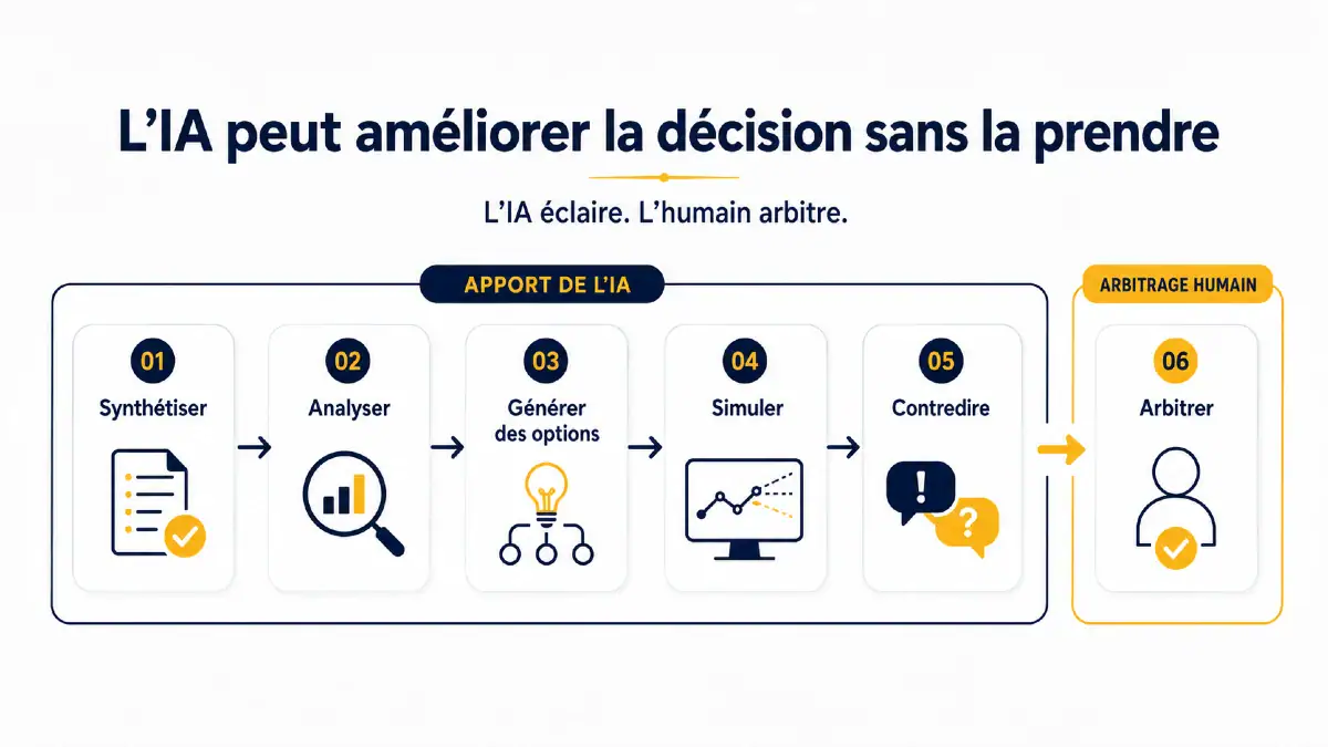 Étapes montrant comment l’IA éclaire une décision avant l’arbitrage humain