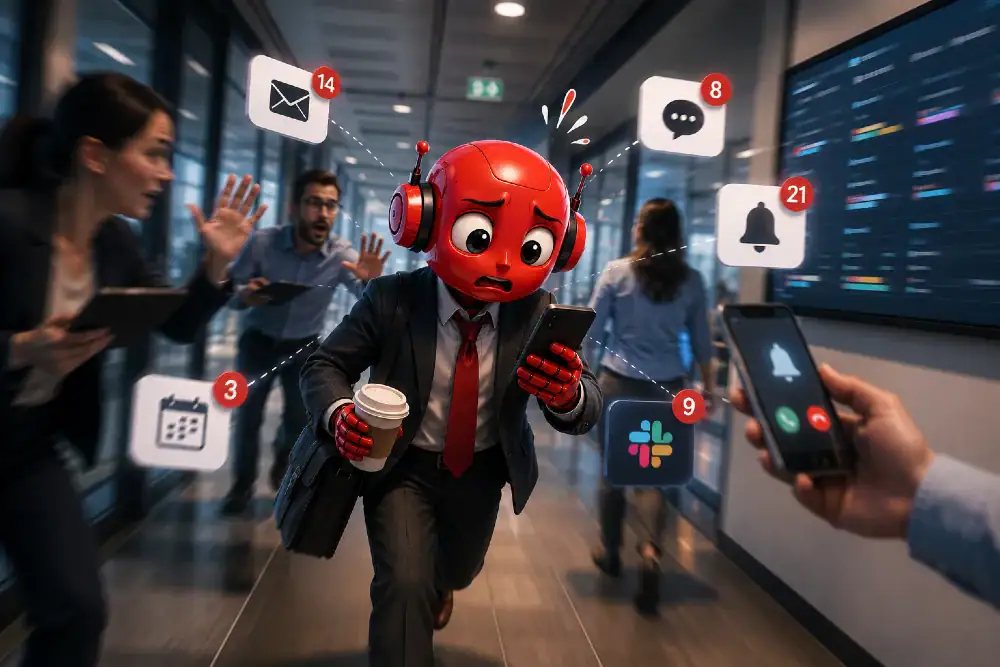 Robot d’entreprise stressé par les notifications et interruptions numériques dans un couloir de bureau