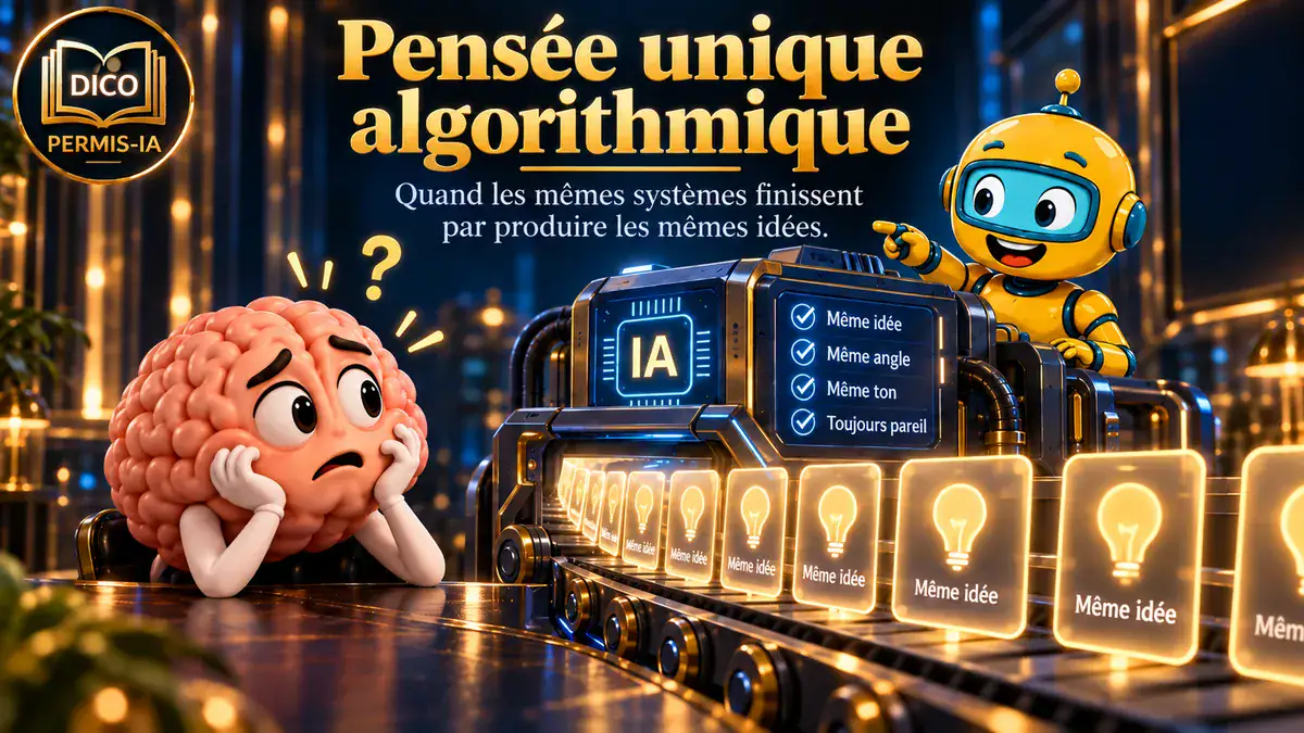 Robot et cerveau humain face à une machine à idées dans un décor futuriste.