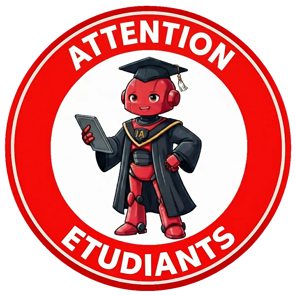 Robot rouge portant un casque de graduation et une robe d'études, tenant une tablette.