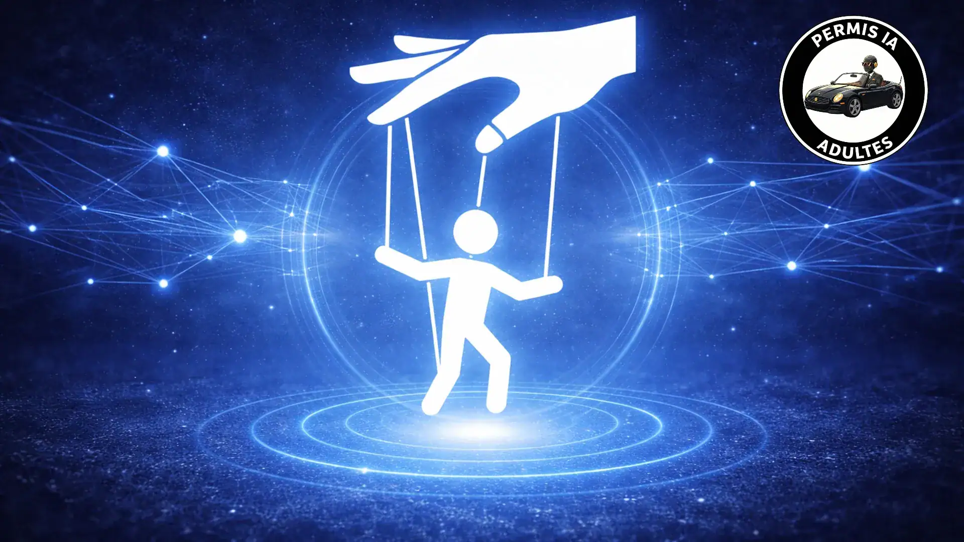 Manipulation des adultes par l'IA, illustration de contrôle et influence numériques.
