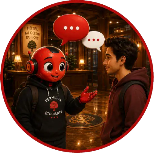 Les robots conversationnels éducatifs discutant avec un étudiant dans un hall d'hôtel chaleureux.