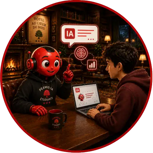 Robot humanoïde discutant avec un étudiant dans un cadre chaleureux et sophistiqué.