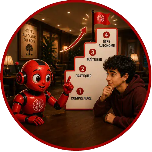 Apprentissage de l'intelligence artificielle avec un robot éducatif et un jeune étudiant.