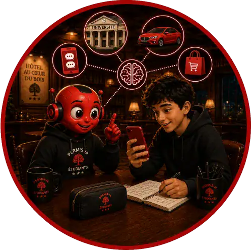 La mascotte robotique et un jeune étudiant utilisant un smartphone dans un café.