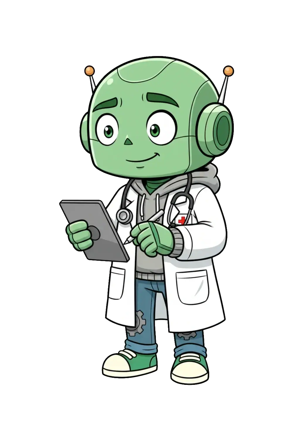Robot collégien médecin avec tablette, illustrant les remèdes pour un meilleur usage de l'intelligence artificielle.